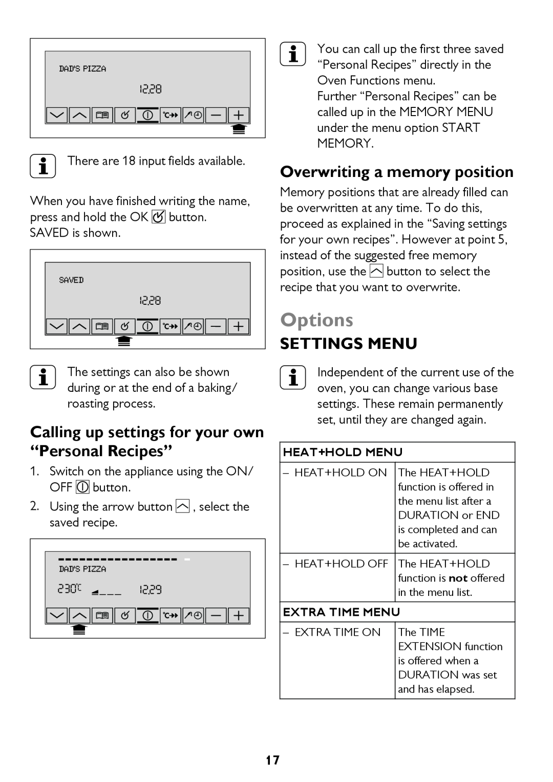 John Lewis JLBIOS610 instruction manual Options, Overwriting a memory position, Settings Menu 