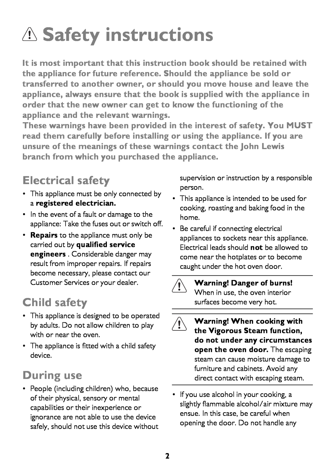 John Lewis JLBIOS610 instruction manual Safety instructions, Electrical safety, Child safety, During use 