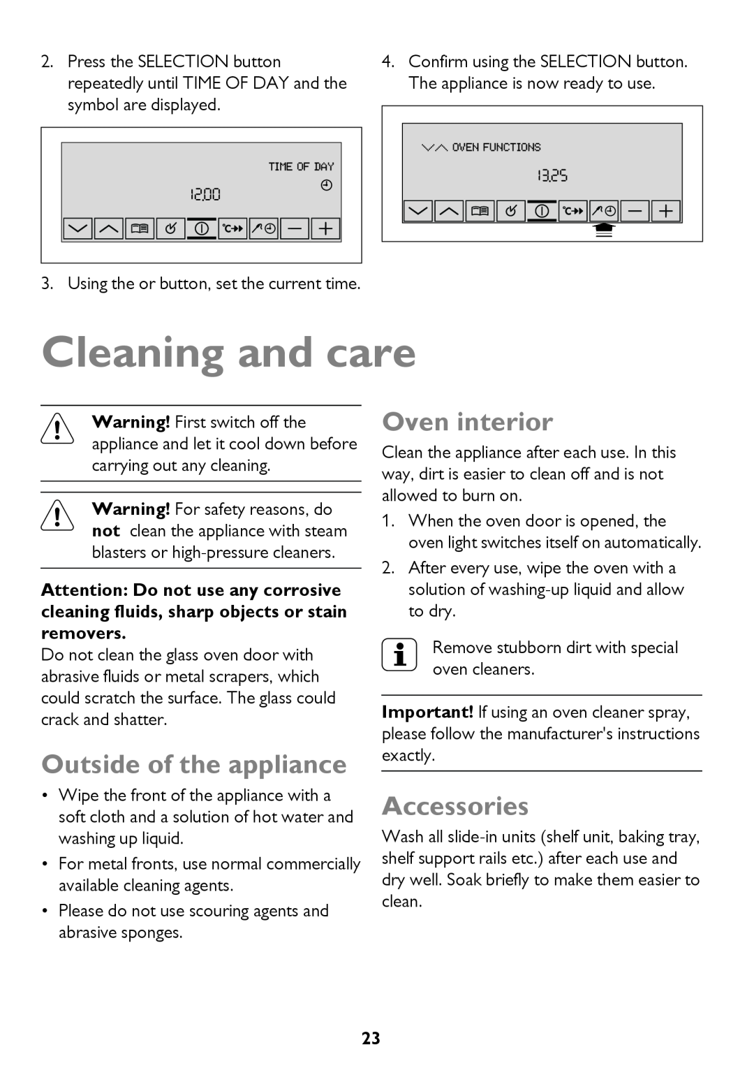 John Lewis JLBIOS610 instruction manual Cleaning and care, Outside of the appliance, Oven interior, Accessories 