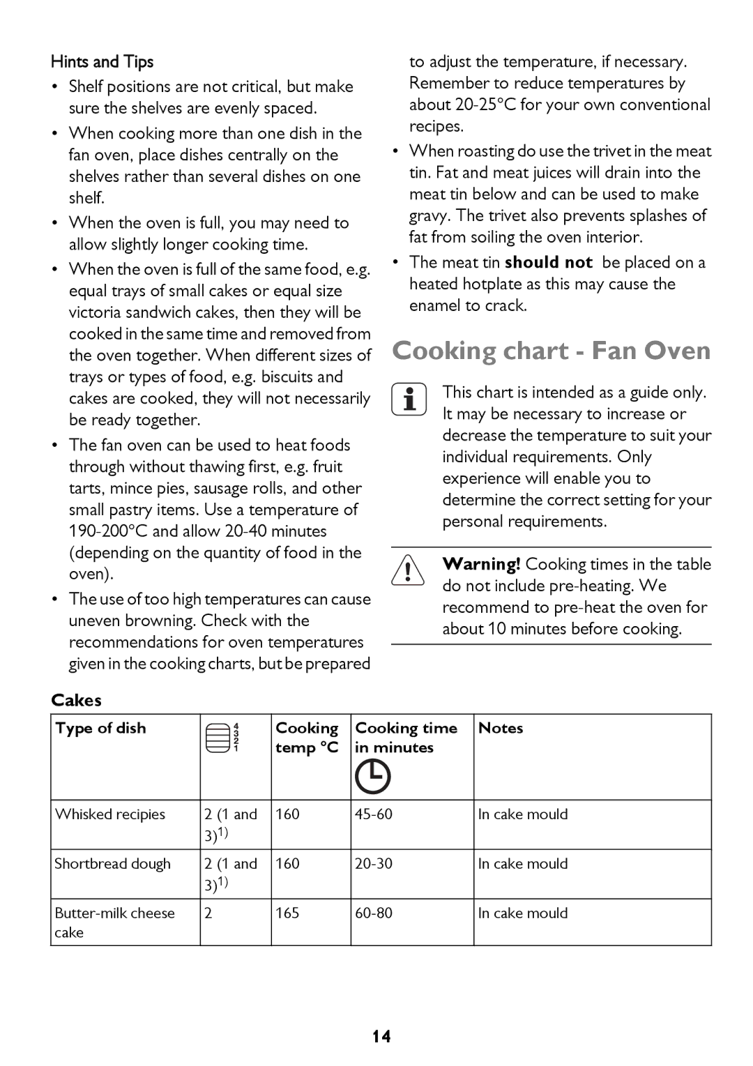 John Lewis JLBIOS661 instruction manual Cooking chart Fan Oven, Hints and Tips, Cakes 