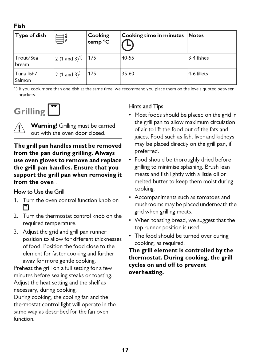 John Lewis JLBIOS661 instruction manual Grilling, Fish 