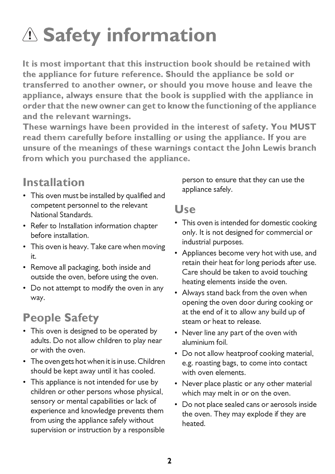 John Lewis JLBIOS661 instruction manual Safety information, Installation, People Safety, Use 