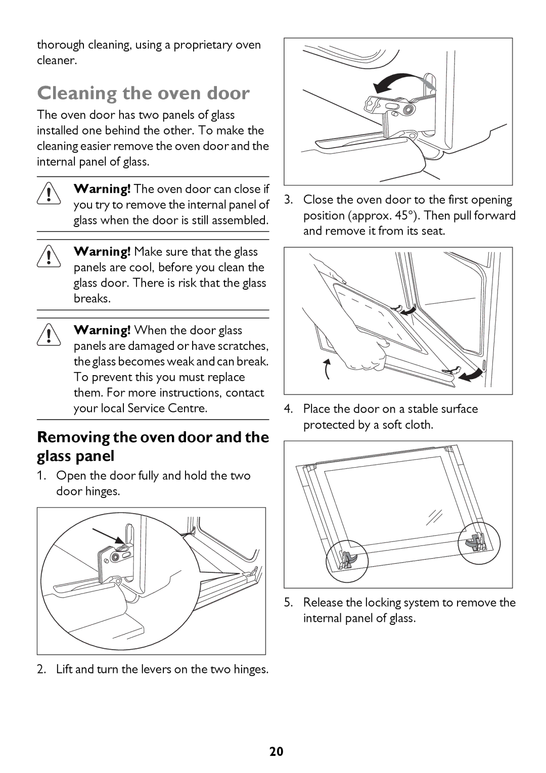 John Lewis JLBIOS661 instruction manual Cleaning the oven door, Removing the oven door and the glass panel 