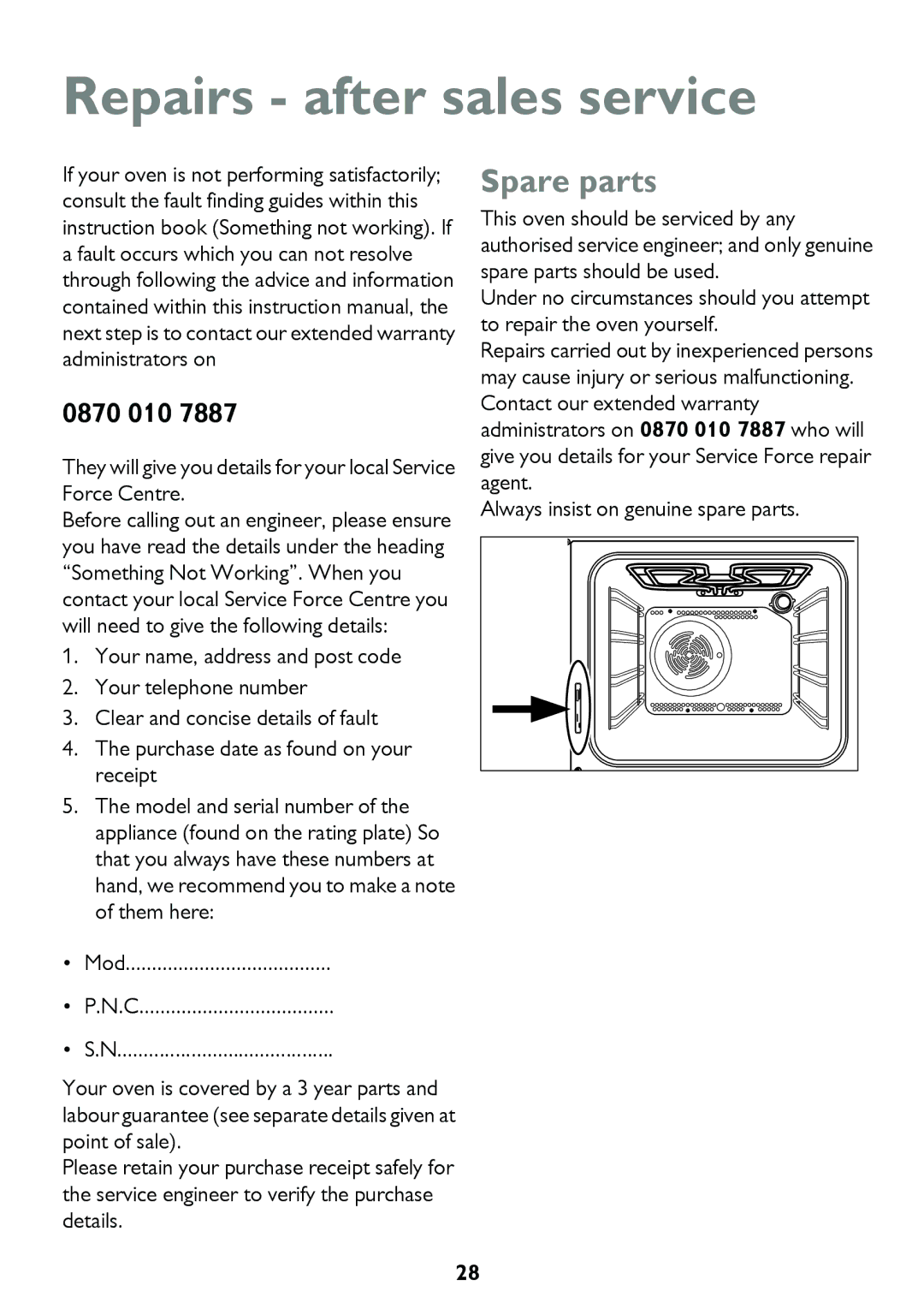 John Lewis JLBIOS661 instruction manual Repairs after sales service, Spare parts 