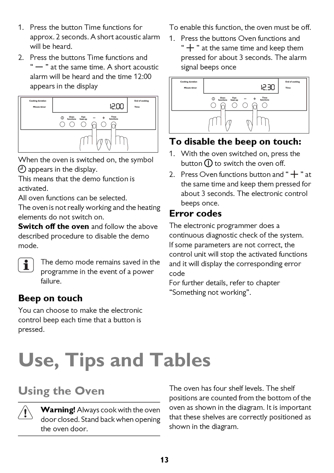 John Lewis JLBIOS662 Use, Tips and Tables, Using the Oven, Beep on touch, To disable the beep on touch, Error codes 