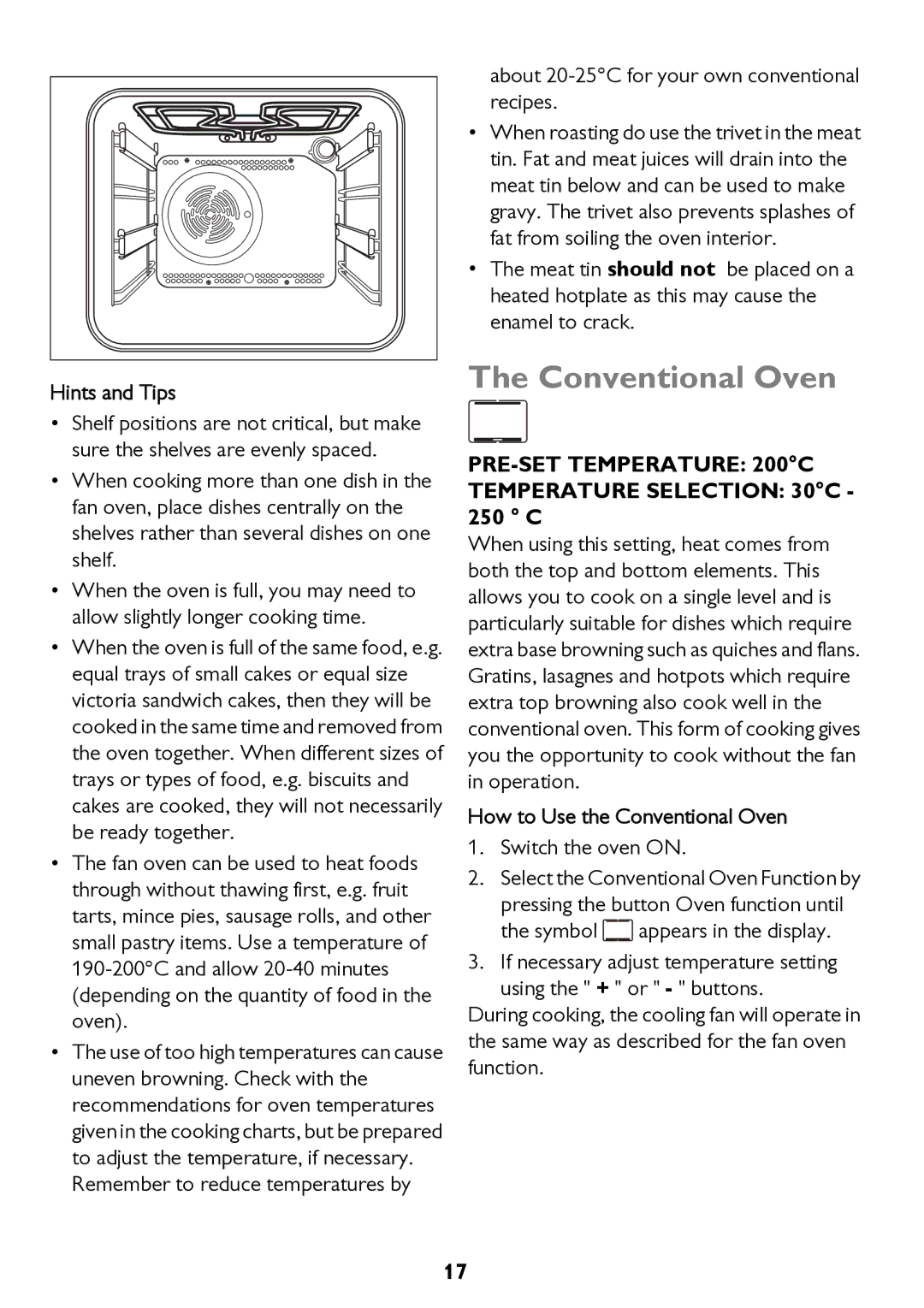 John Lewis JLBIOS662 instruction manual Conventional Oven, Hints and Tips, About 20-25C for your own conventional recipes 