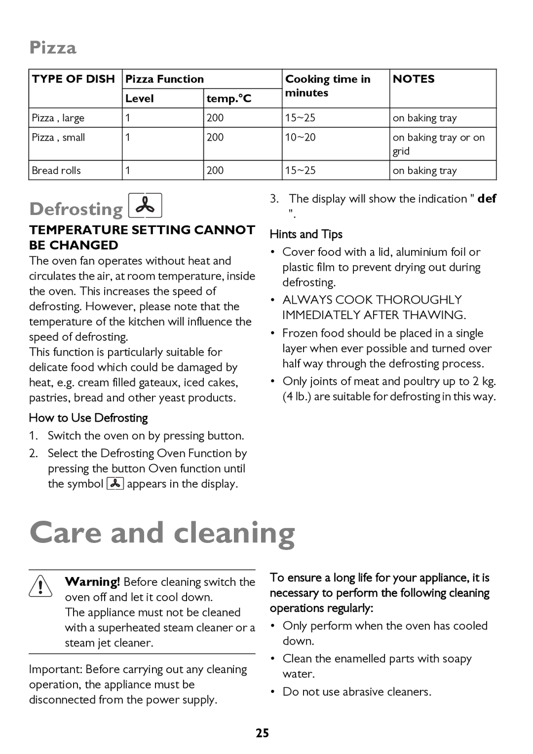 John Lewis JLBIOS662 Care and cleaning, Pizza, Temperature Setting Cannot be Changed, How to Use Defrosting 