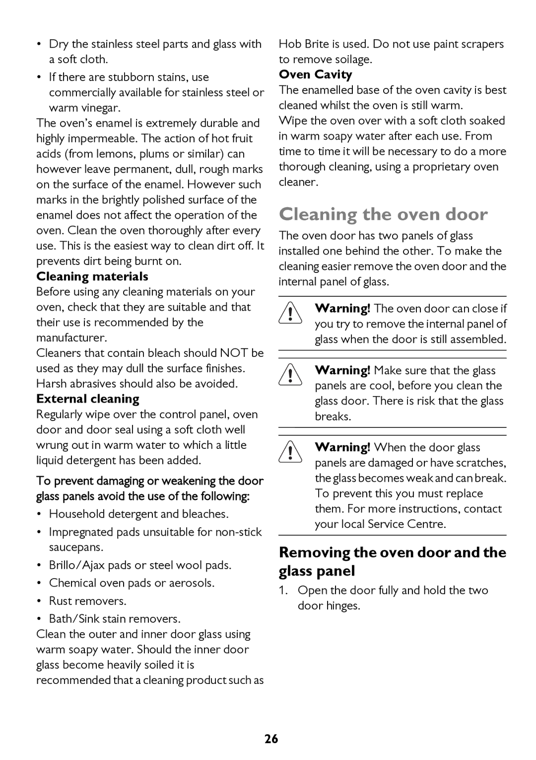 John Lewis JLBIOS662 Cleaning the oven door, Removing the oven door and the glass panel, Cleaning materials, Oven Cavity 