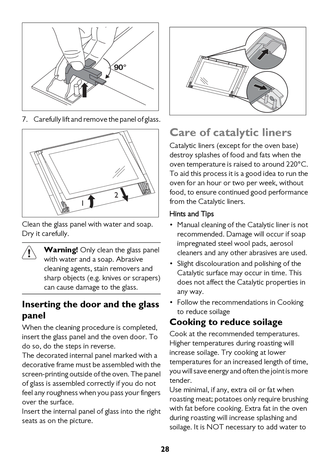 John Lewis JLBIOS662 Care of catalytic liners, Inserting the door and the glass panel, Cooking to reduce soilage 