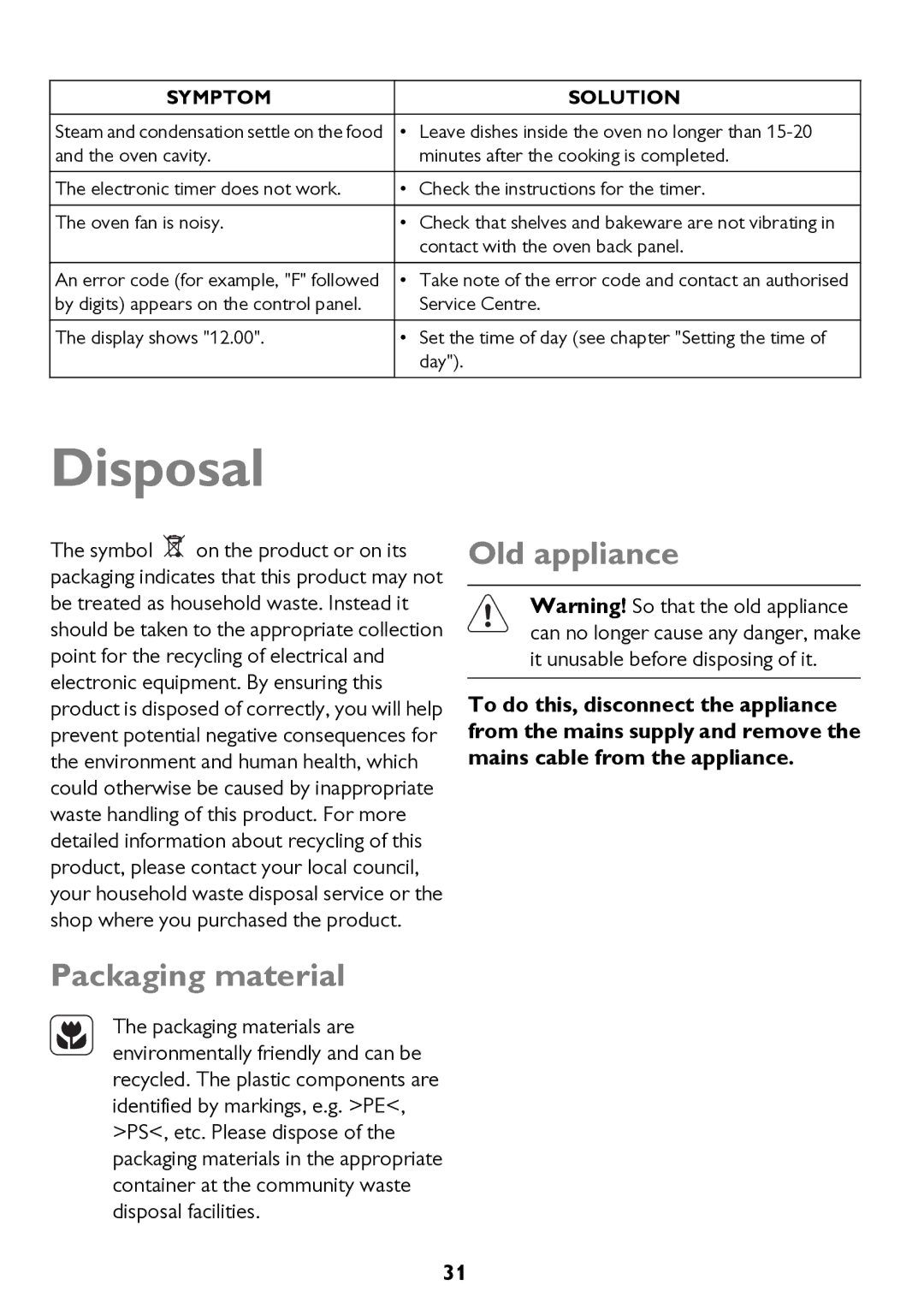 John Lewis JLBIOS662 instruction manual Disposal, Packaging material, Old appliance 