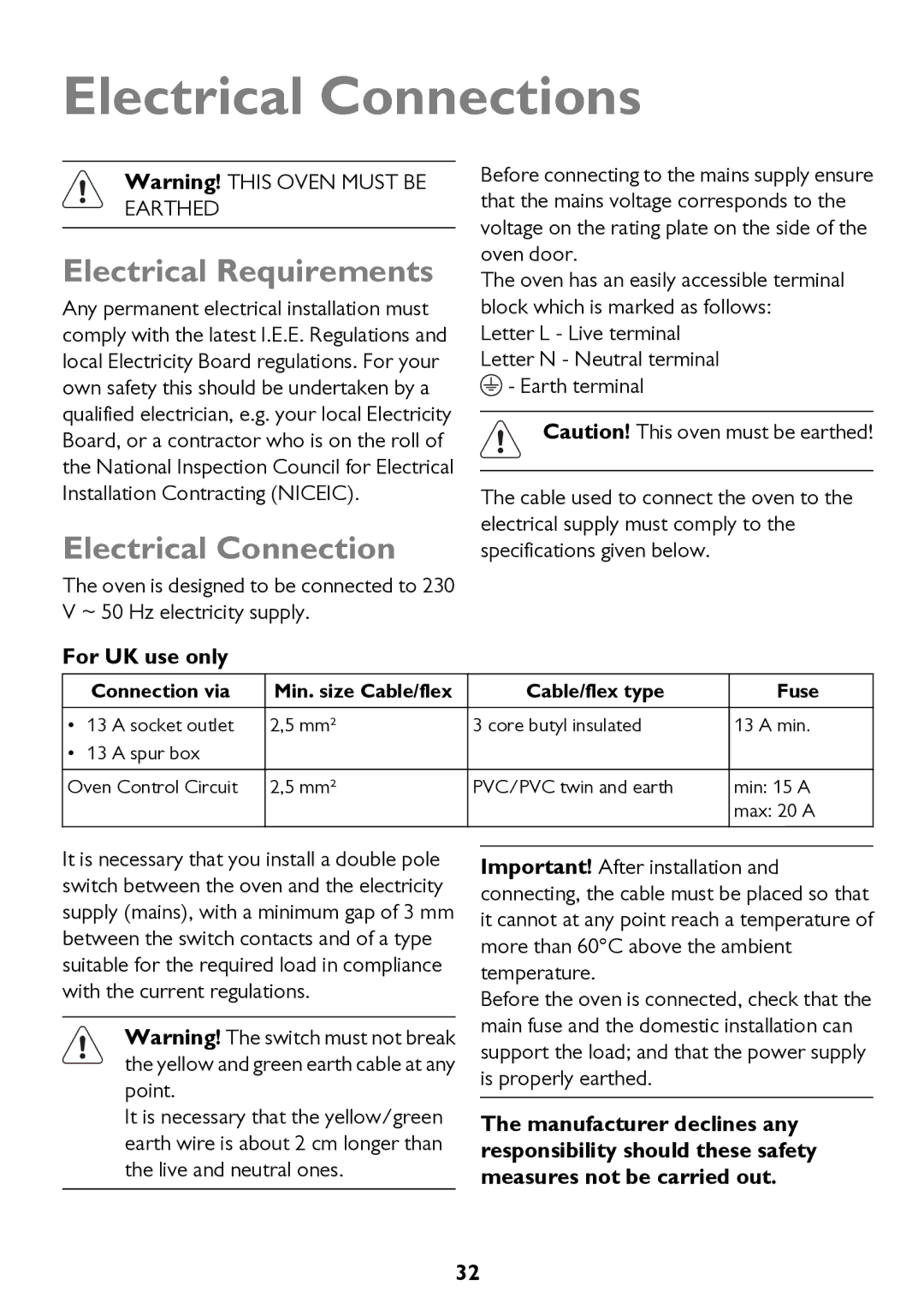 John Lewis JLBIOS662 instruction manual Electrical Connections, Electrical Requirements, For UK use only 