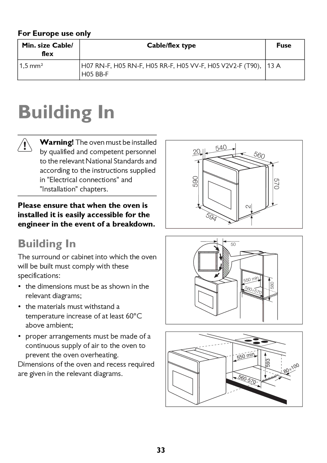 John Lewis JLBIOS662 instruction manual Building, For Europe use only, Min. size Cable Flex 