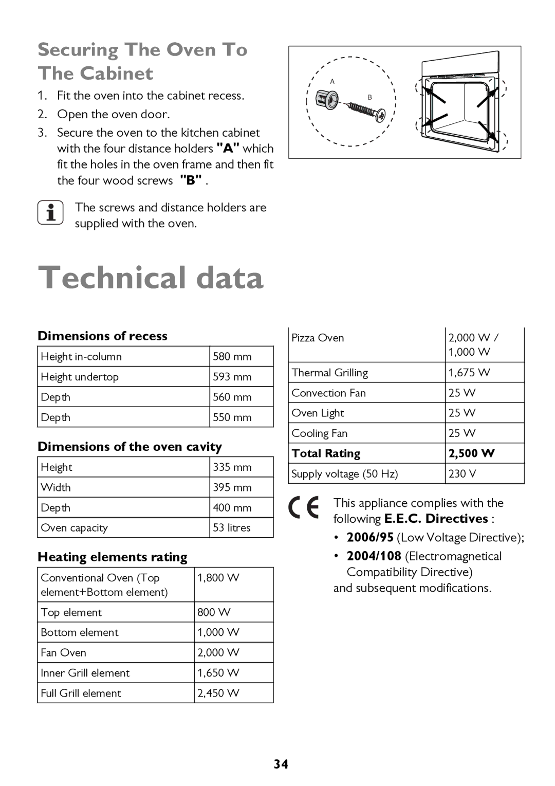 John Lewis JLBIOS662 Technical data, Securing The Oven To The Cabinet, Dimensions of recess, Dimensions of the oven cavity 