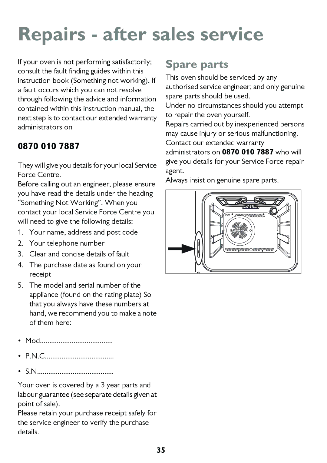 John Lewis JLBIOS662 instruction manual Repairs after sales service, Spare parts, 0870 010 