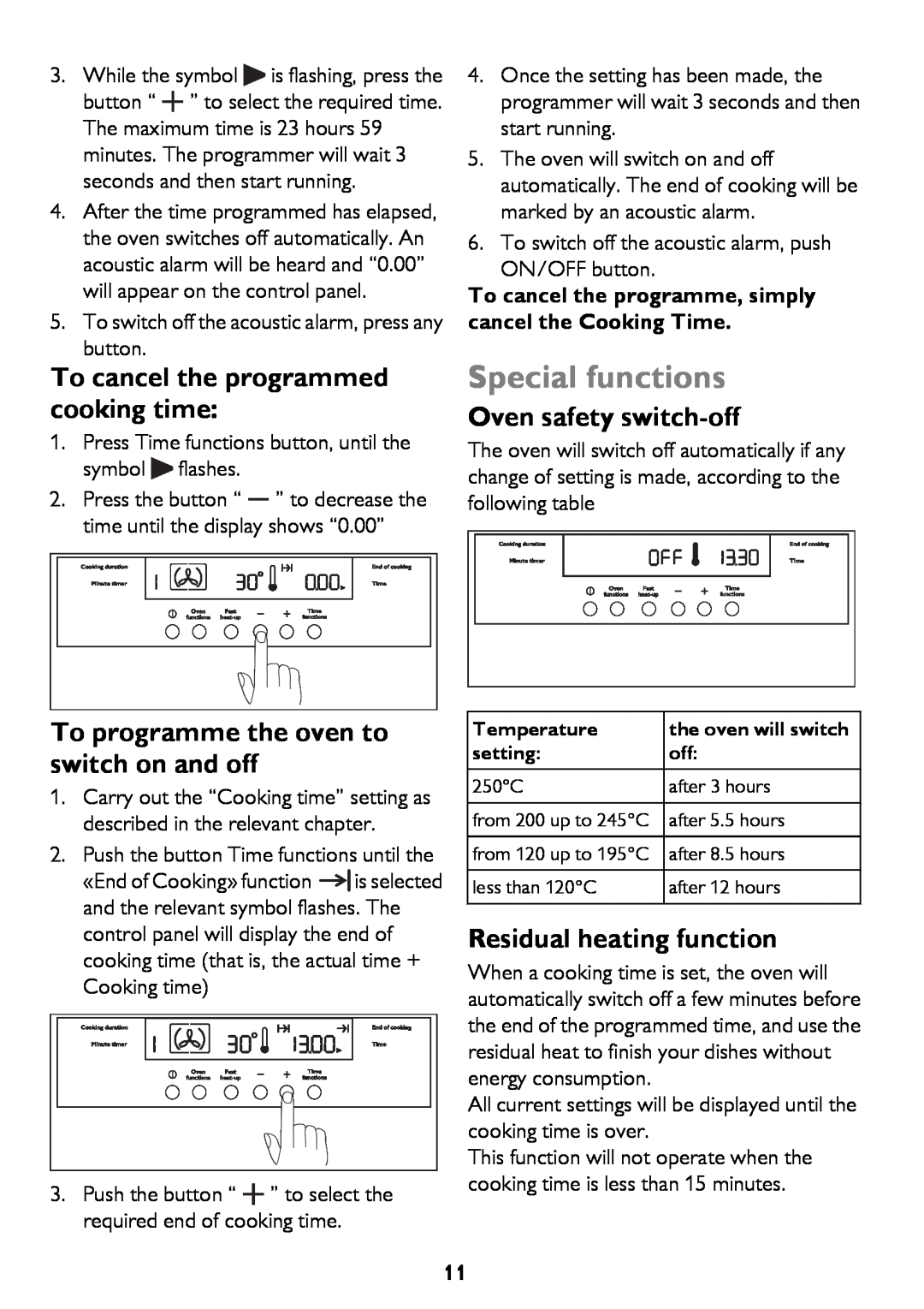 John Lewis JLBIOS662 instruction manual Special functions, To cancel the programmed cooking time, Oven safety switch-off 