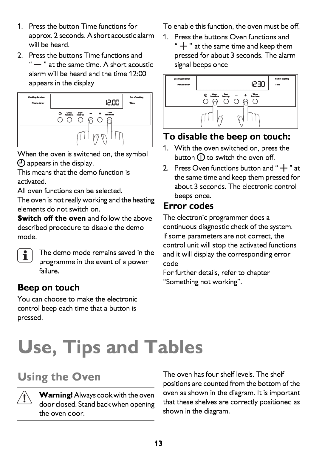John Lewis JLBIOS662 Use, Tips and Tables, Using the Oven, Beep on touch, To disable the beep on touch, Error codes 