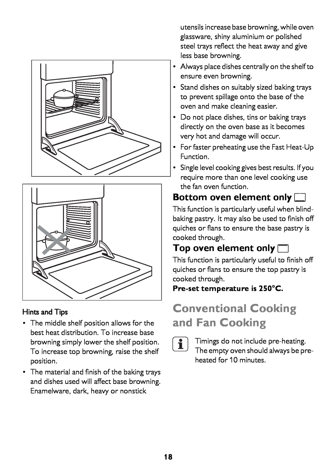John Lewis JLBIOS662 Conventional Cooking and Fan Cooking, Bottom oven element only, Top oven element only, Hints and Tips 
