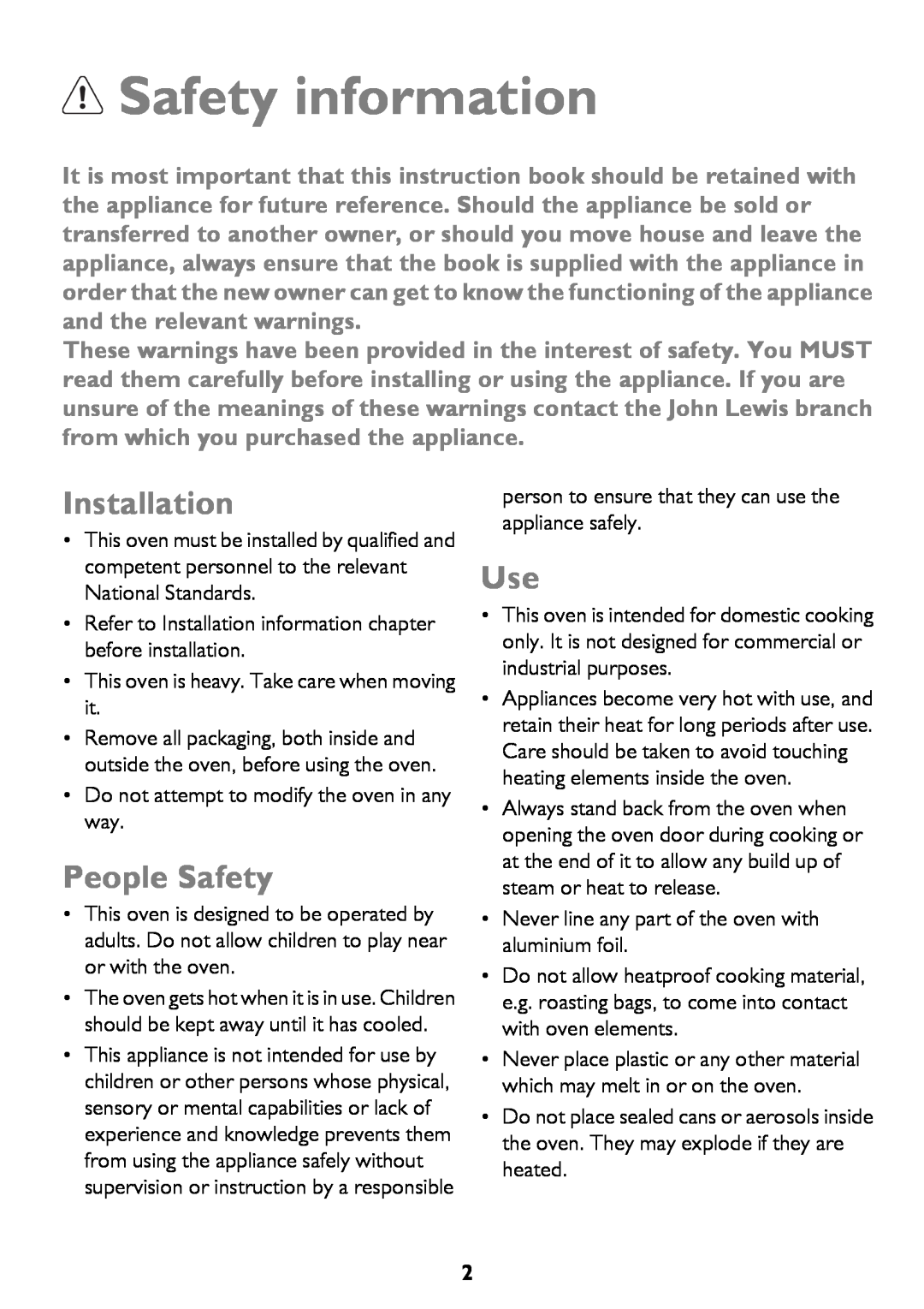 John Lewis JLBIOS662 instruction manual Safety information, Installation, People Safety 