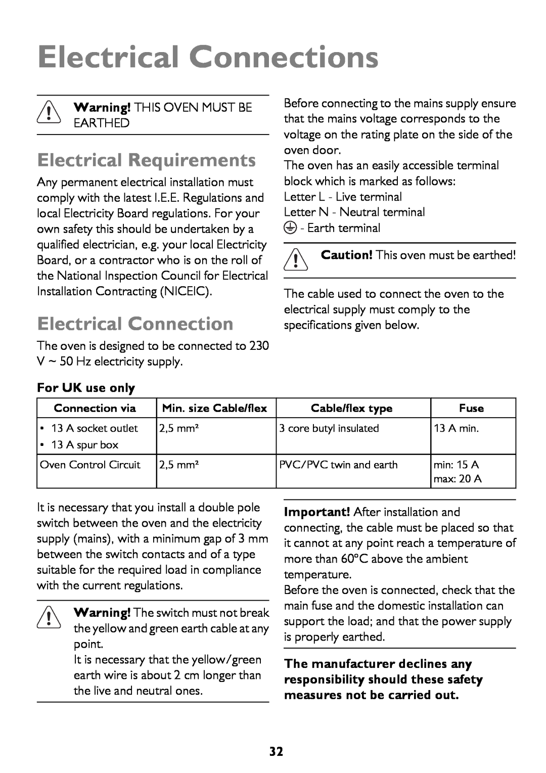 John Lewis JLBIOS662 instruction manual Electrical Connections, Electrical Requirements, For UK use only 