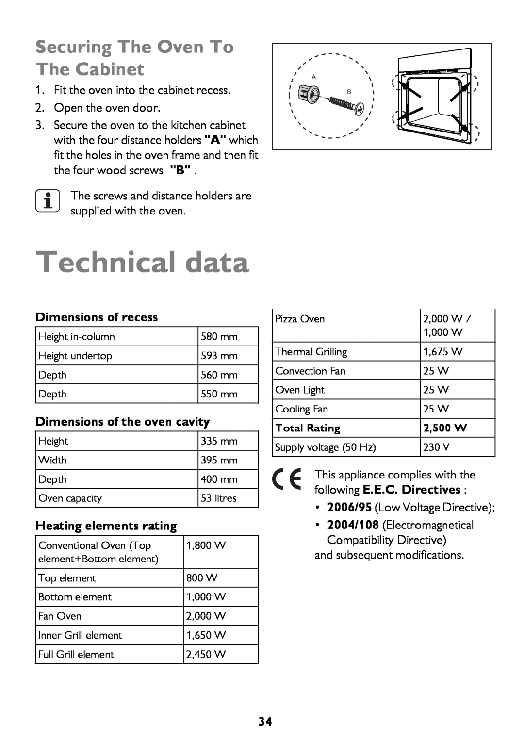 John Lewis JLBIOS662 Technical data, Securing The Oven To The Cabinet, Dimensions of recess, Dimensions of the oven cavity 