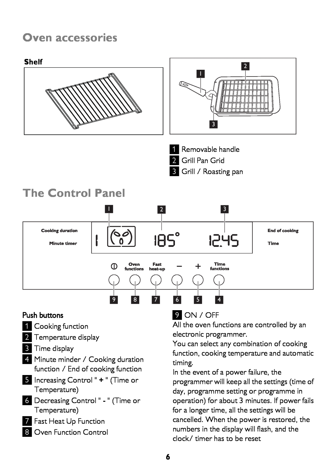 John Lewis JLBIOS662 instruction manual Oven accessories, The Control Panel, Shelf, Push buttons 
