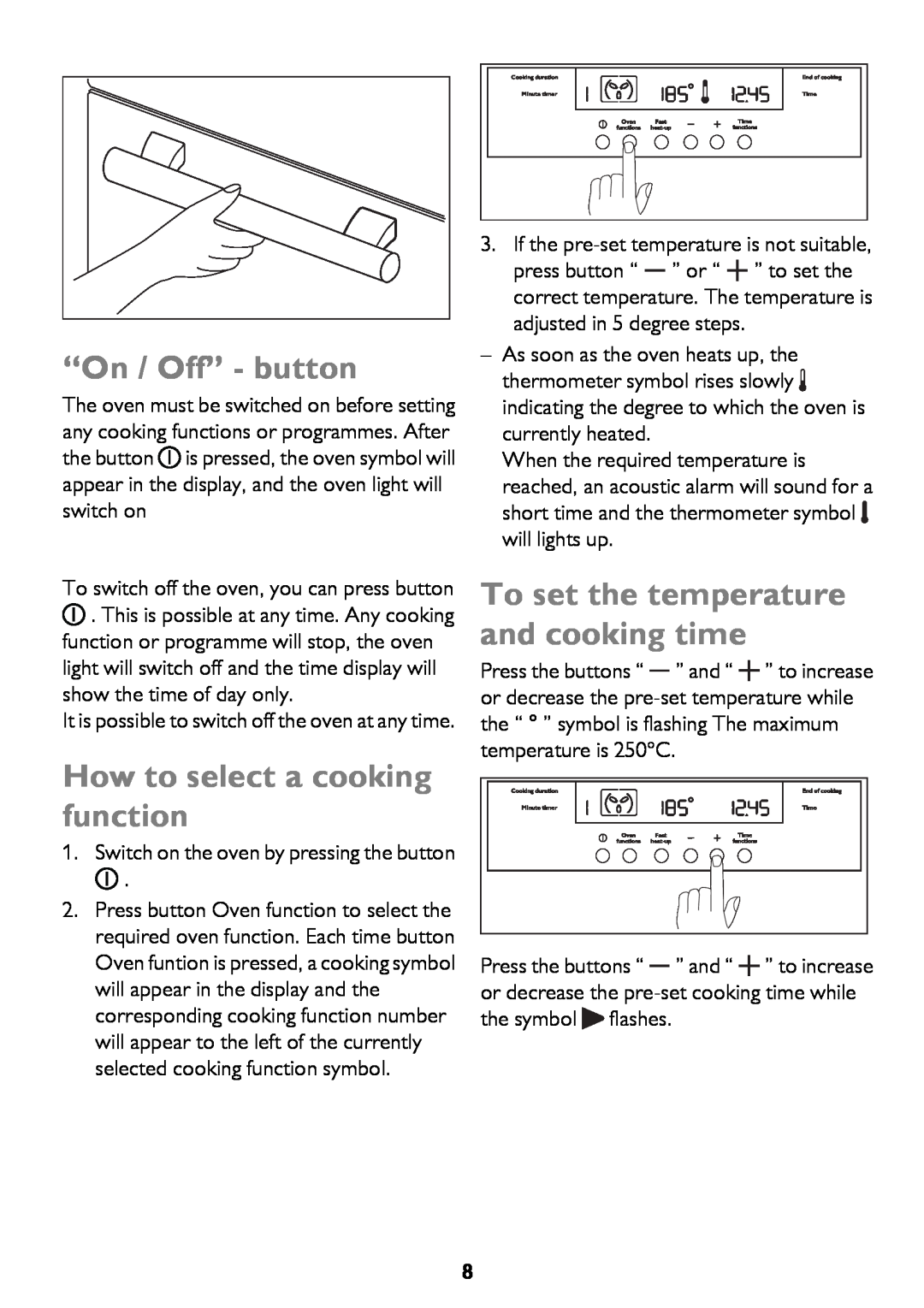 John Lewis JLBIOS662 “On / Off” - button, How to select a cooking function, To set the temperature and cooking time 