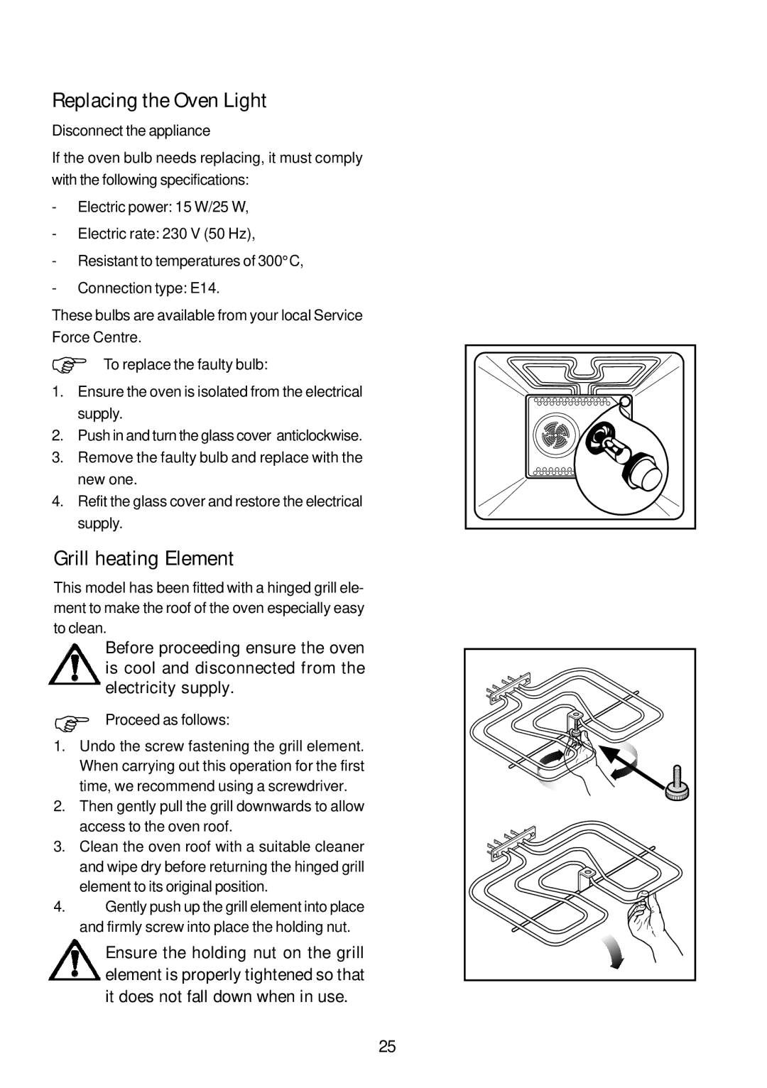 John Lewis JLBIOS663 instruction manual Replacing the Oven Light, Grill heating Element 