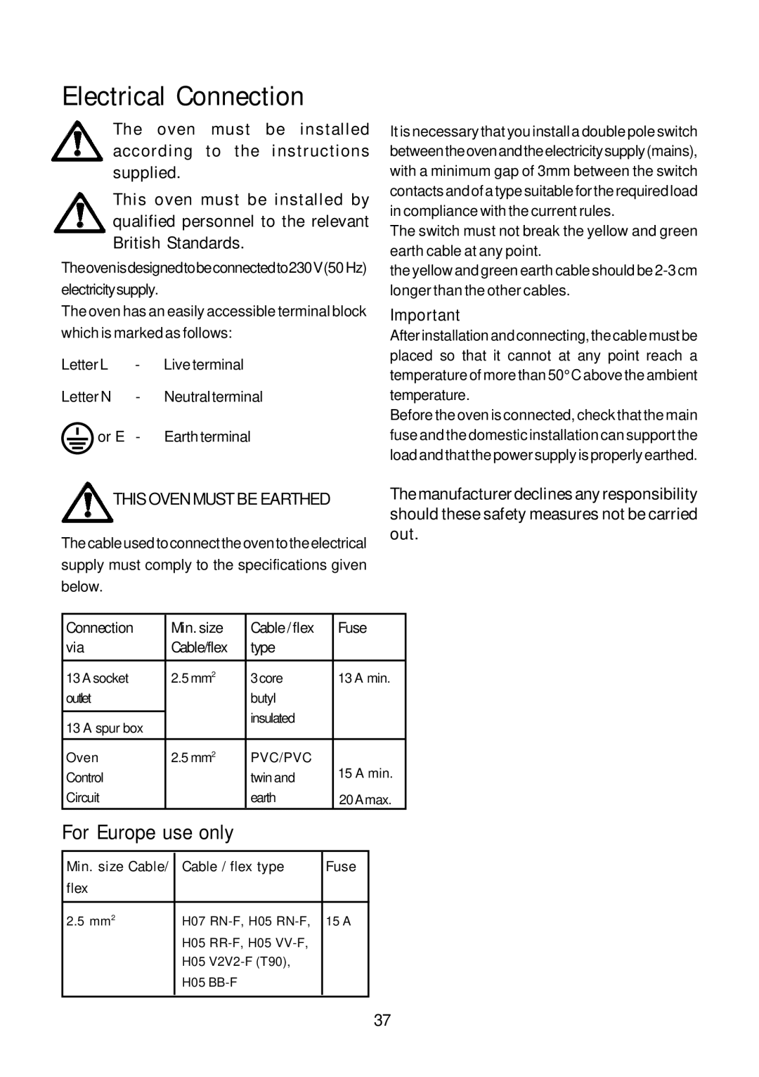 John Lewis JLBIOS664 instruction manual Electrical Connection, For Europe use only 