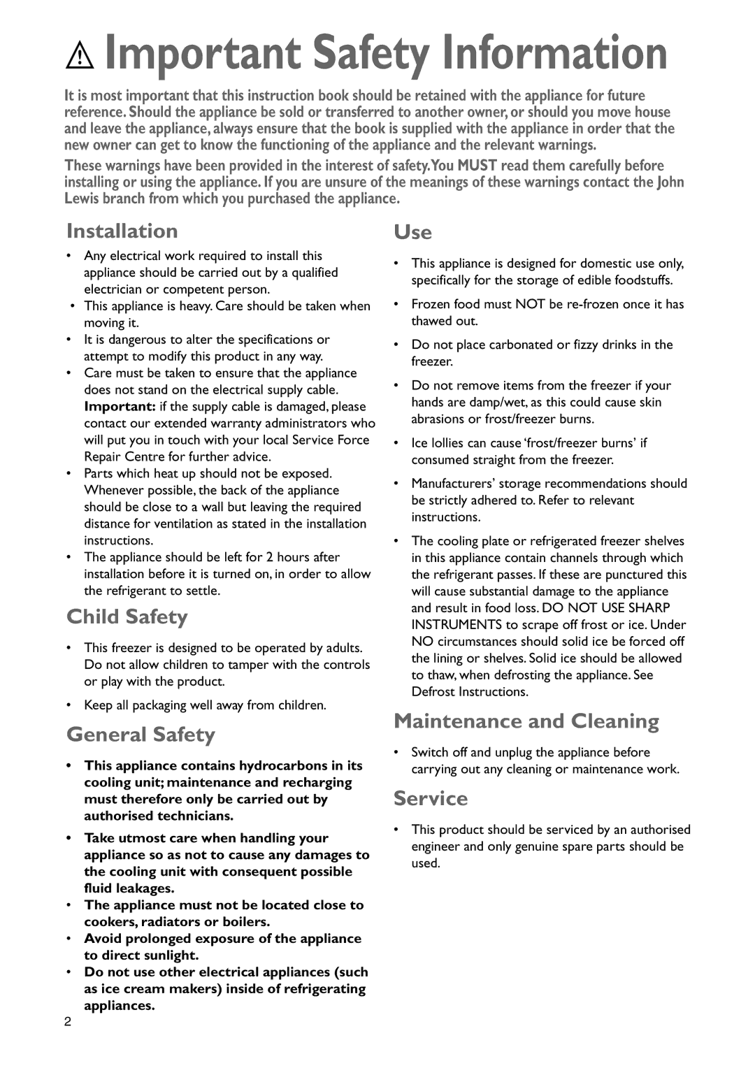 John Lewis JLBIUCF 01 instruction manual Installation, Child Safety, Use, General Safety, Maintenance and Cleaning, Service 