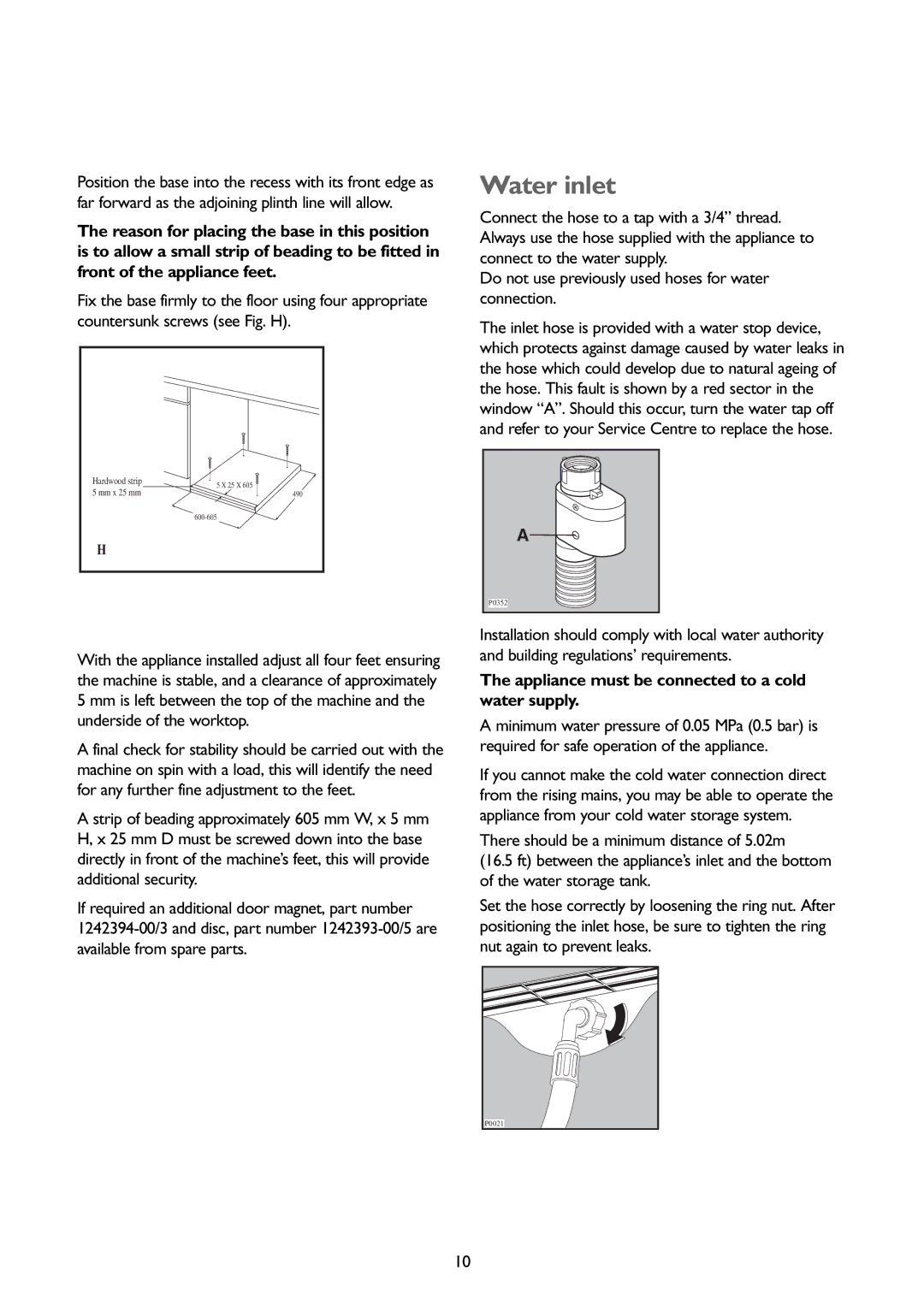 John Lewis JLBIWD 1400 instruction manual Water inlet, Appliance must be connected to a cold water supply 