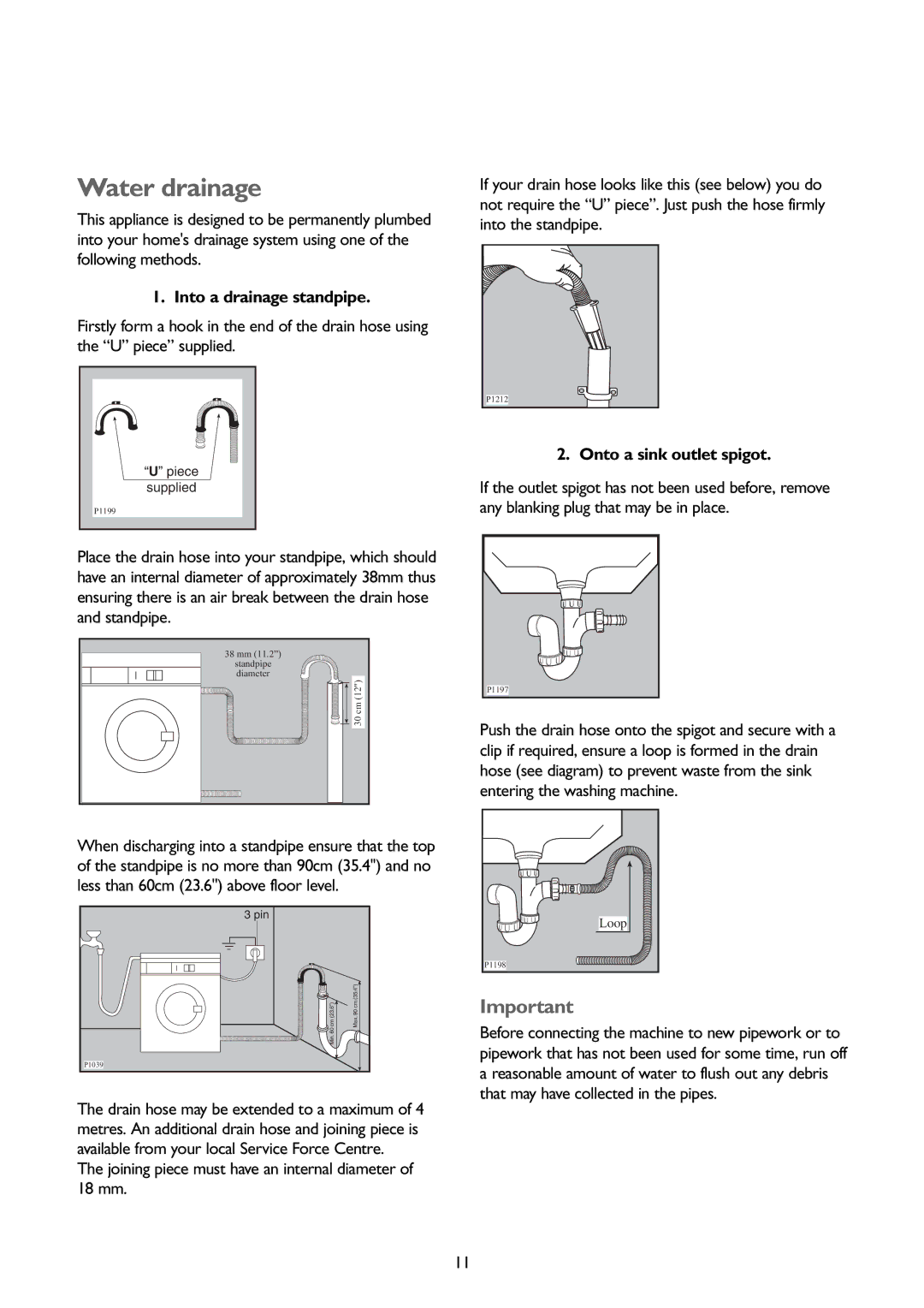 John Lewis JLBIWD 1400 instruction manual Water drainage, Into a drainage standpipe, Onto a sink outlet spigot 