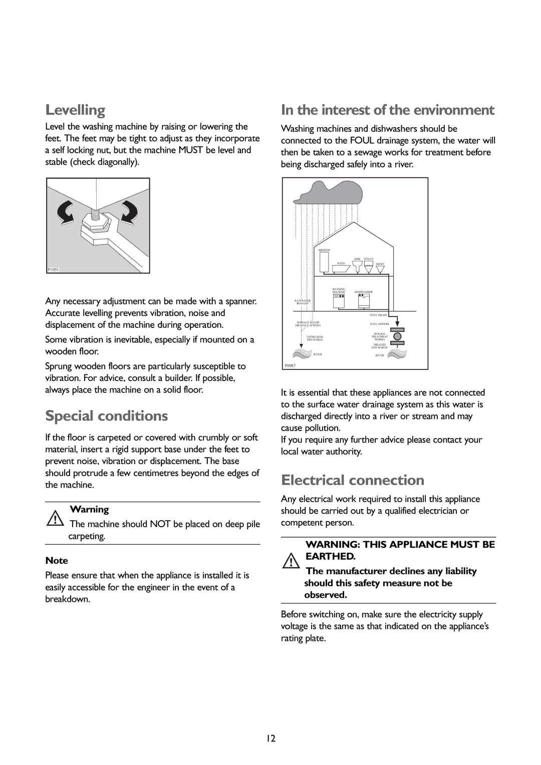 John Lewis JLBIWD 1400 instruction manual Levelling, Special conditions, Interest of the environment, Electrical connection 