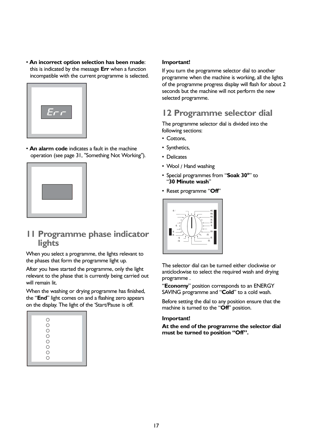 John Lewis JLBIWD 1400 instruction manual Programme phase indicator lights, Programme selector dial 