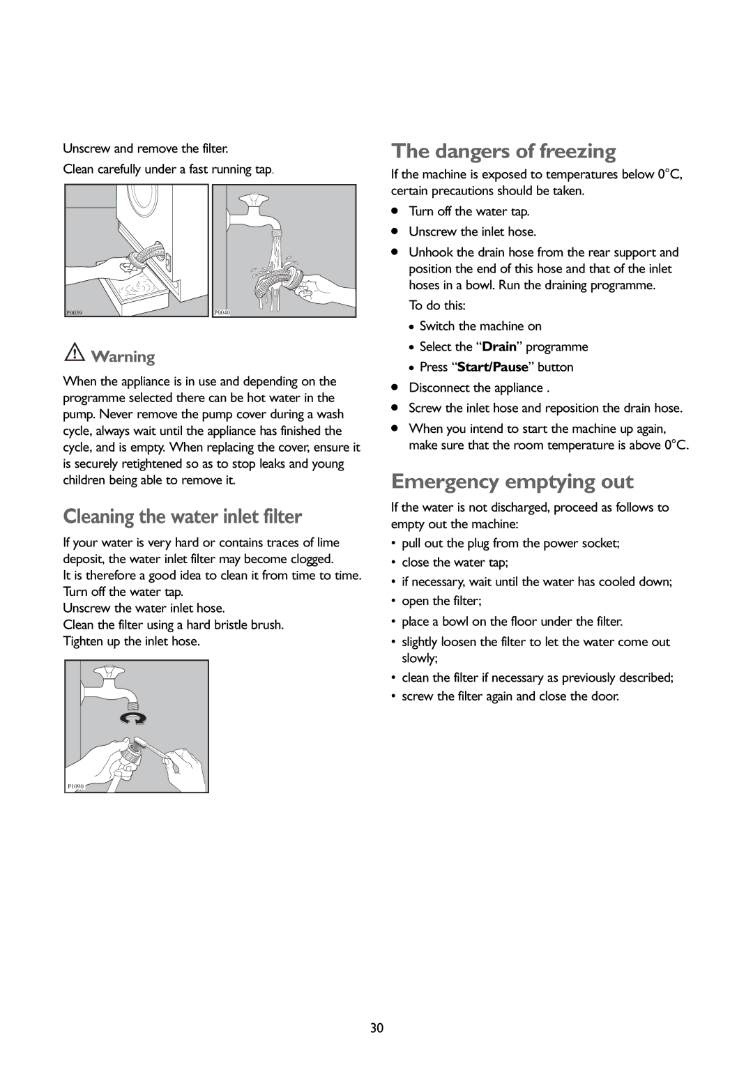 John Lewis JLBIWD 1400 instruction manual Cleaning the water inlet filter, Emergency emptying out 