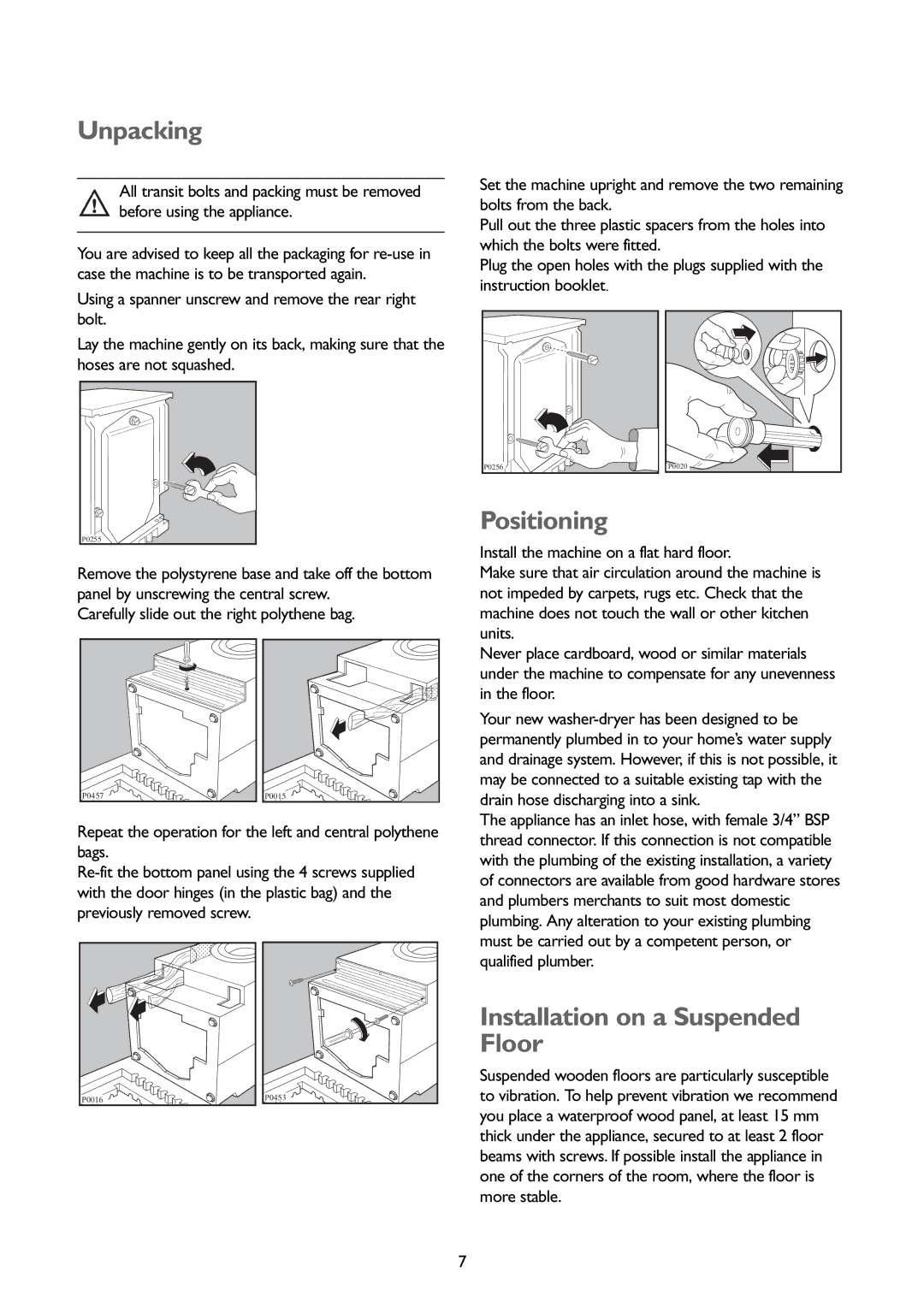 John Lewis JLBIWD 1400 instruction manual Unpacking, Installation on a Suspended Floor, Qualified plumber 