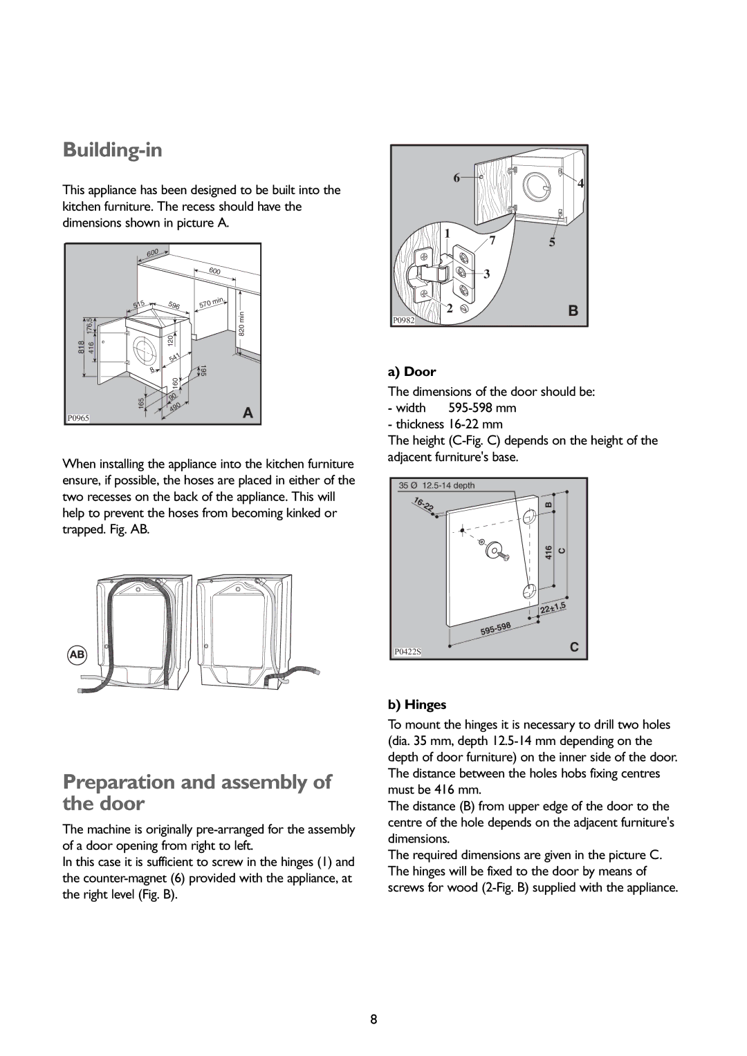 John Lewis JLBIWD 1400 instruction manual Building-in, Preparation and assembly of the door, Door, Hinges 