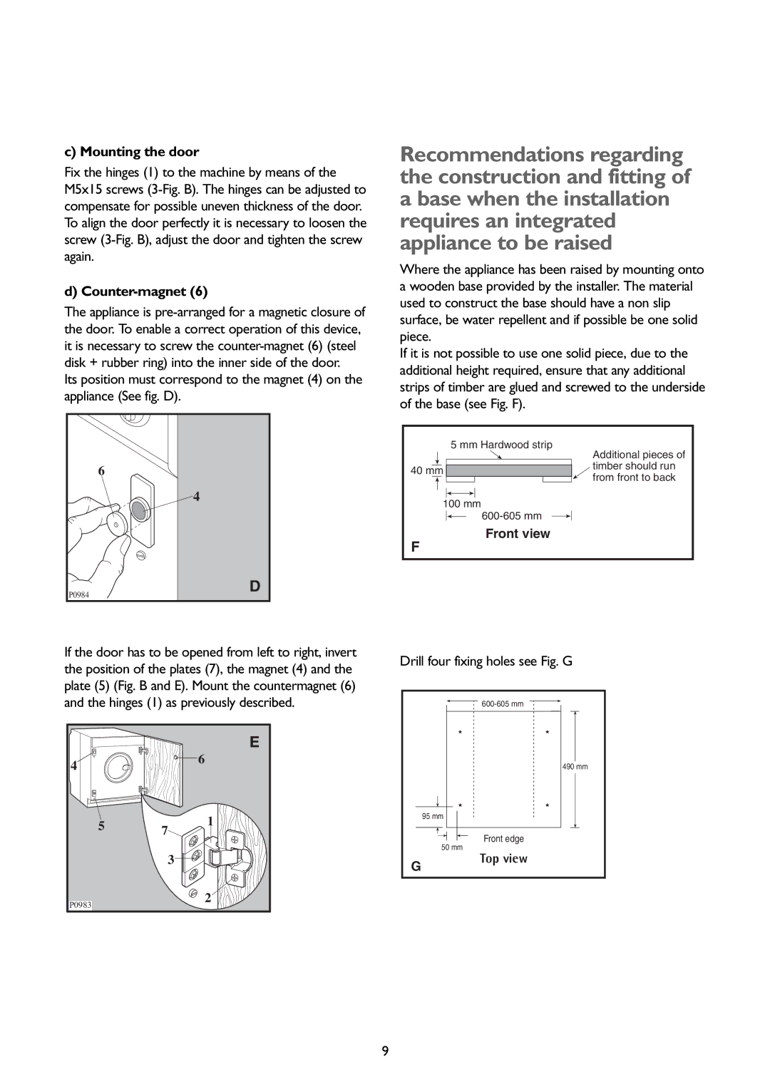 John Lewis JLBIWD 1400 instruction manual Mounting the door, Counter-magnet, Drill four fixing holes see Fig. G 