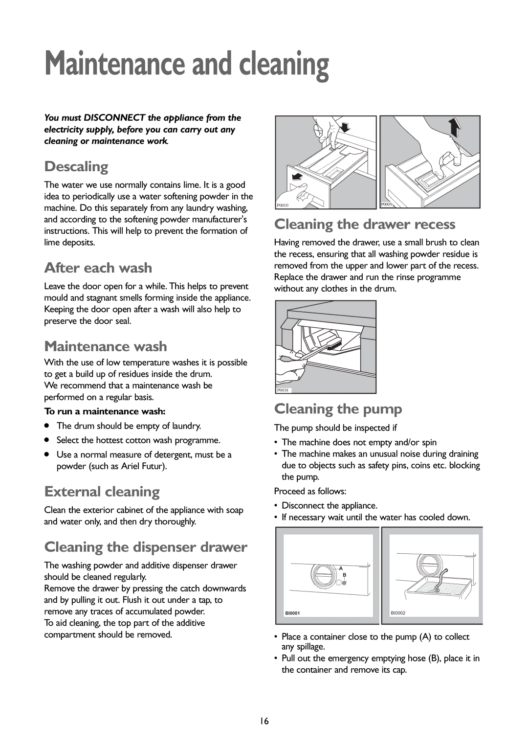 John Lewis JLBIWM 1402 instruction manual Maintenance and cleaning 