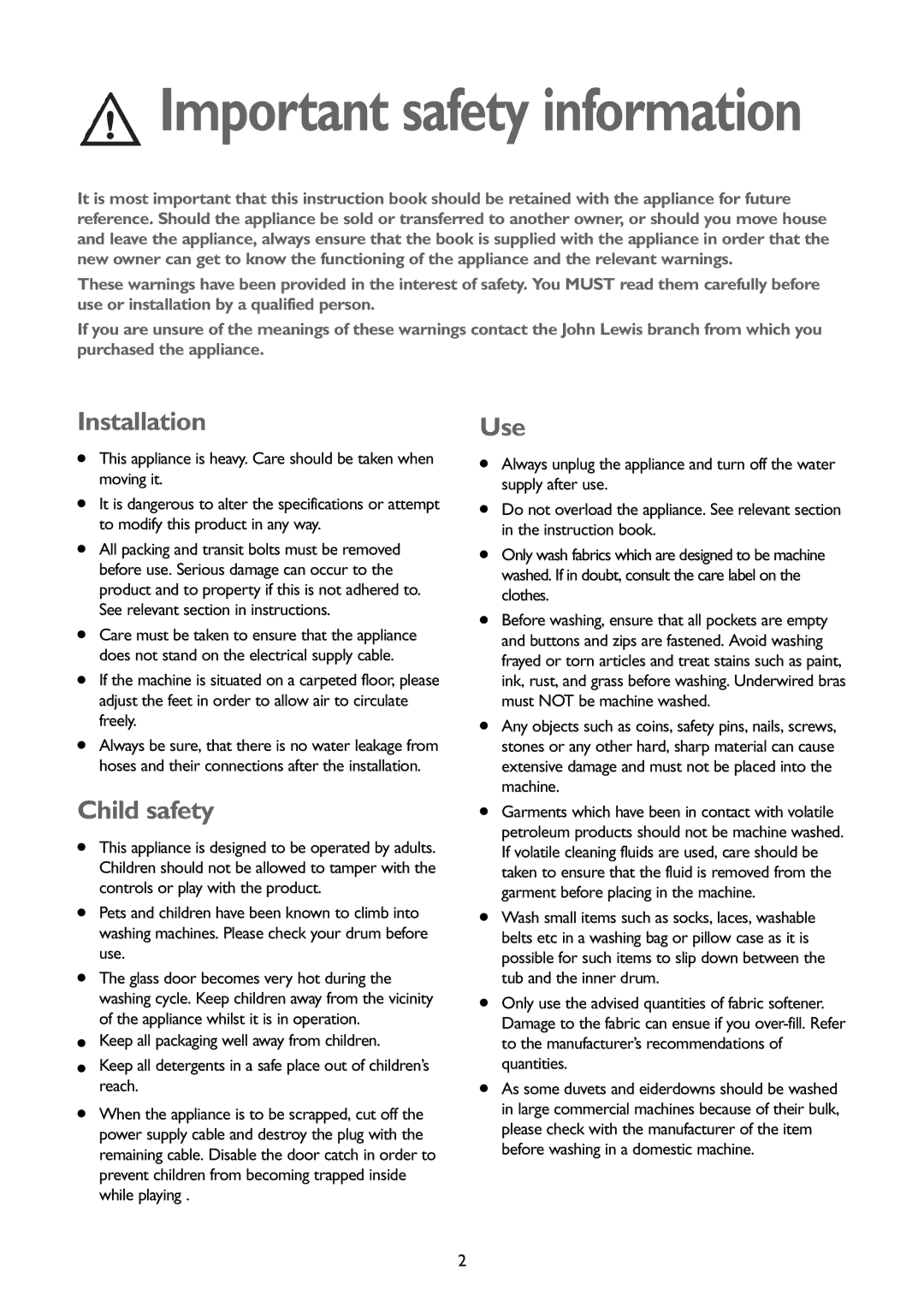 John Lewis JLBIWM 1402 instruction manual Installation, Child safety, Use 