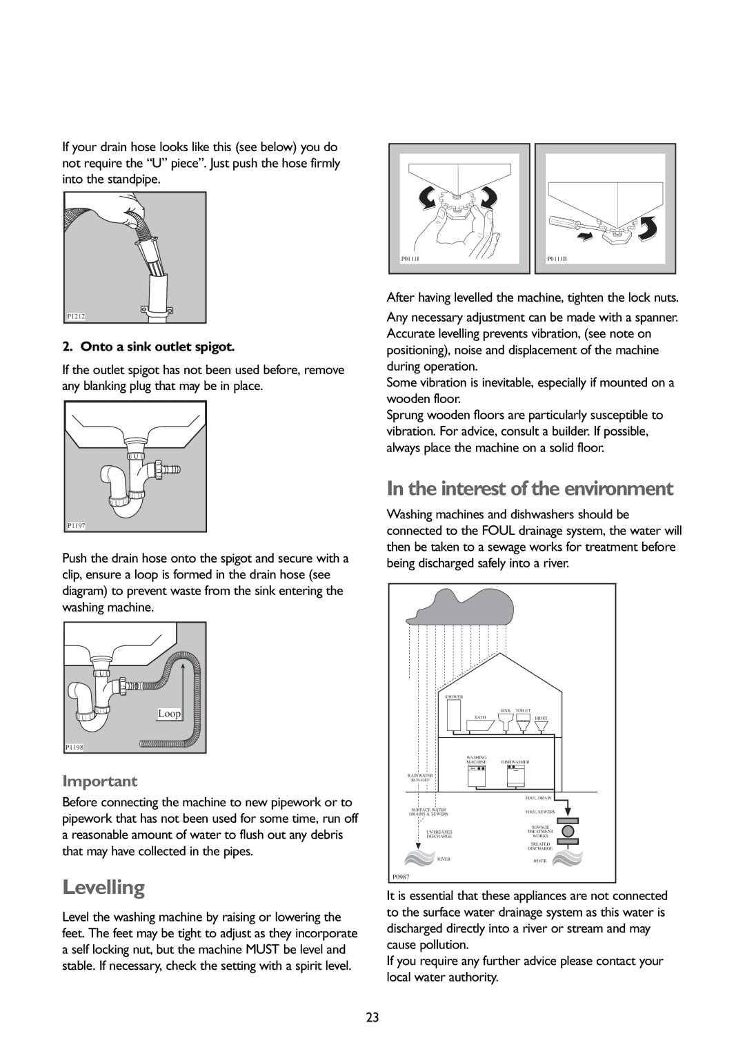 John Lewis JLBIWM 1402 instruction manual Levelling, Interest of the environment, Onto a sink outlet spigot 