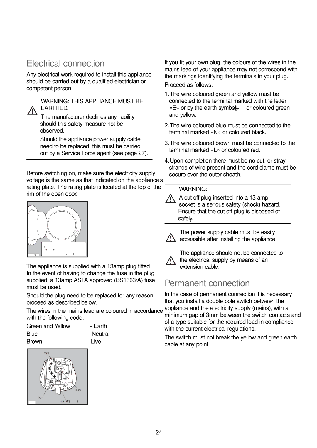 John Lewis JLBIWM 1402 instruction manual Electrical connection, Permanent connection, Blue- Neutral Brown- Live 