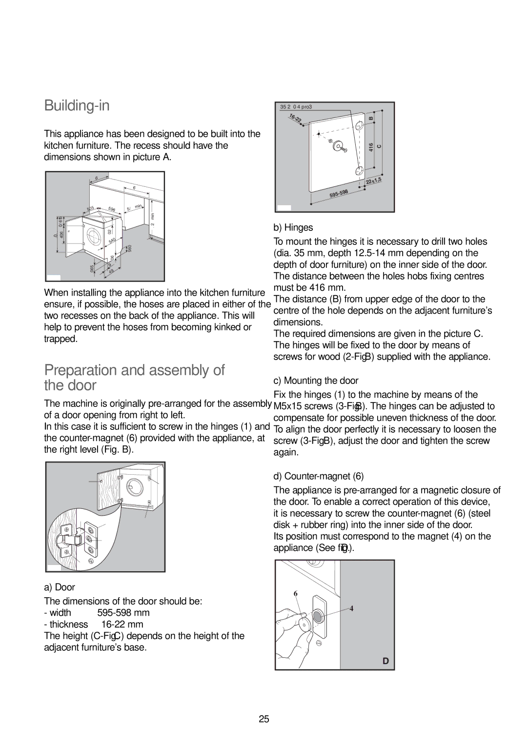 John Lewis JLBIWM 1402 instruction manual Building-in, Preparation and assembly of the door 