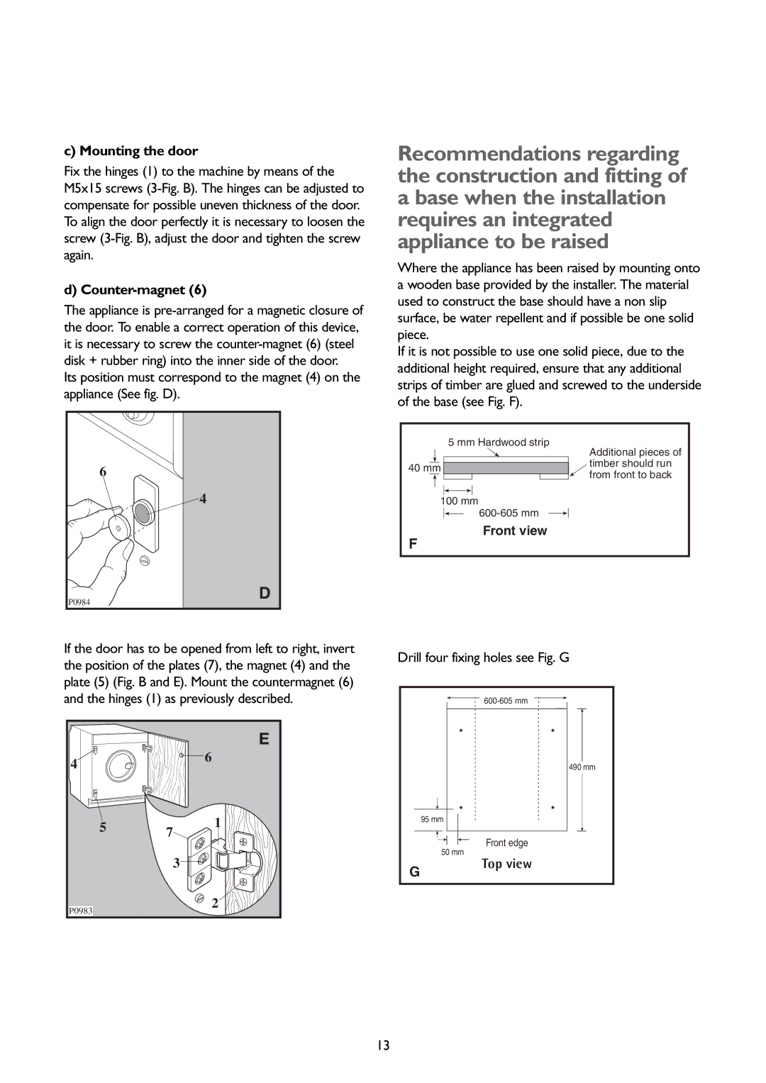 John Lewis JLBIWM1401 instruction manual Mounting the door, Counter-magnet, Drill four fixing holes see Fig. G 