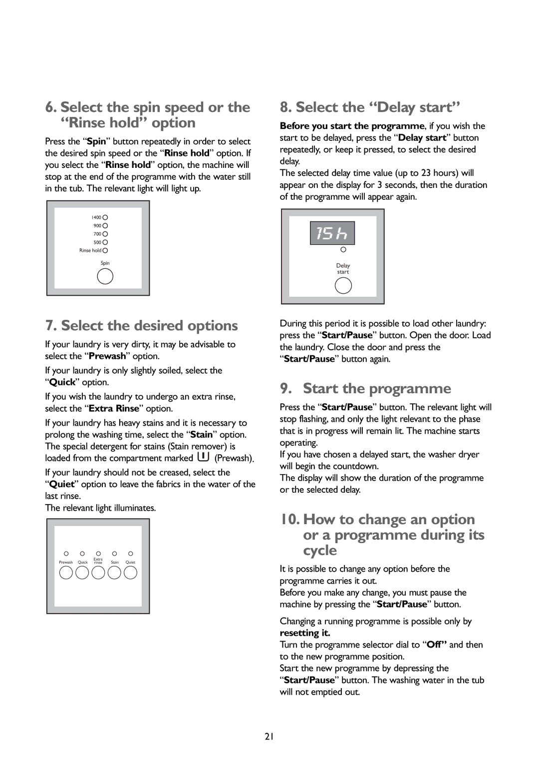 John Lewis JLBIWM1401 Select the spin speed or the Rinse hold option, Select the desired options, Select the Delay start 