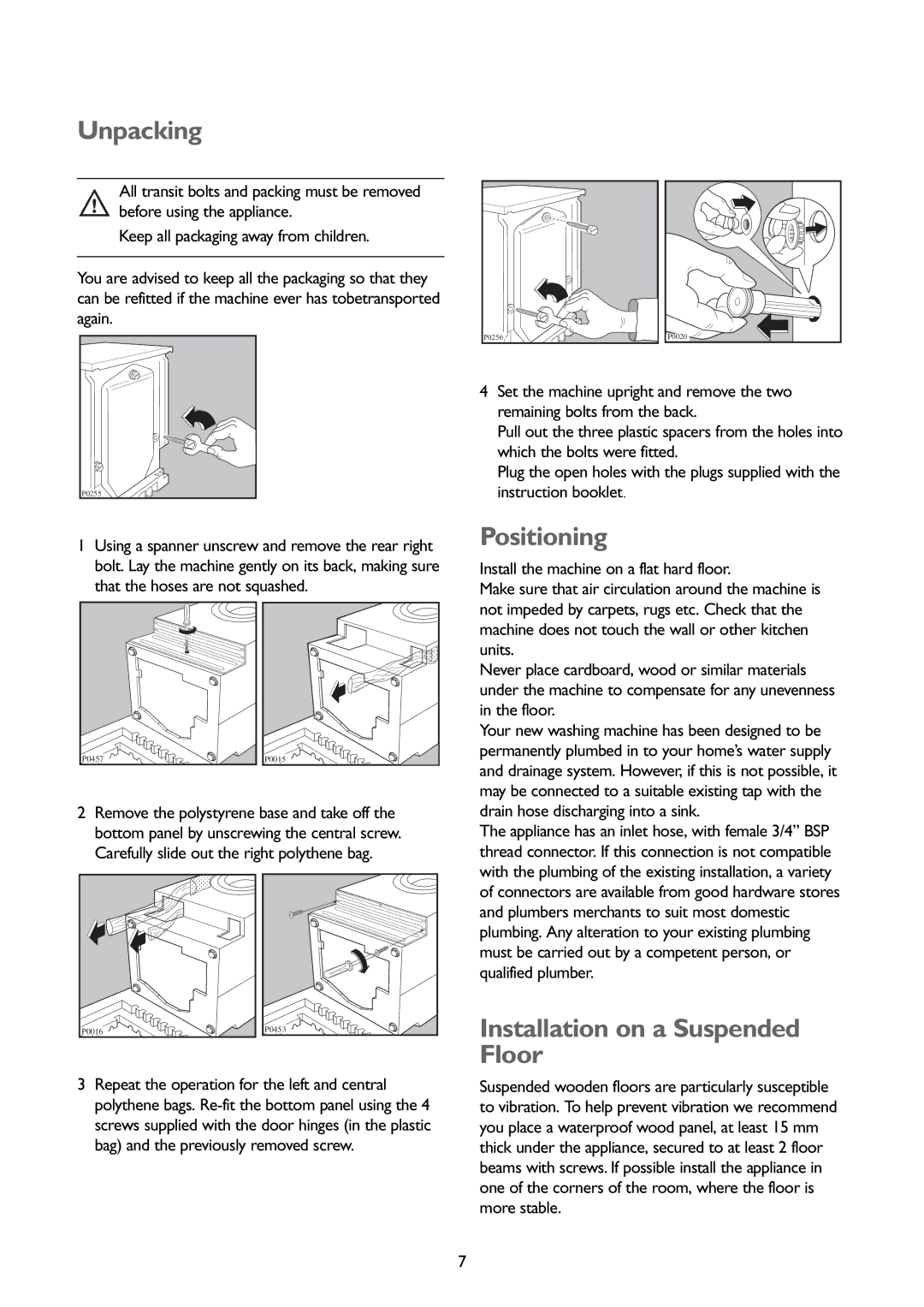 John Lewis JLBIWM1401 Unpacking, Positioning, Installation on a Suspended Floor, Drain hose discharging into a sink 