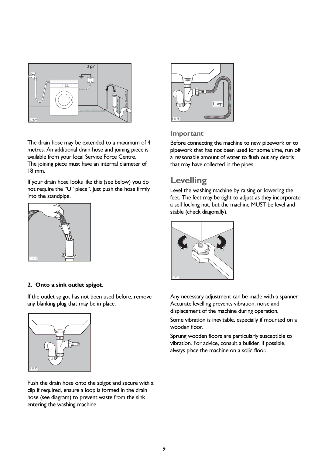 John Lewis JLBIWM1401 instruction manual Levelling, Onto a sink outlet spigot 