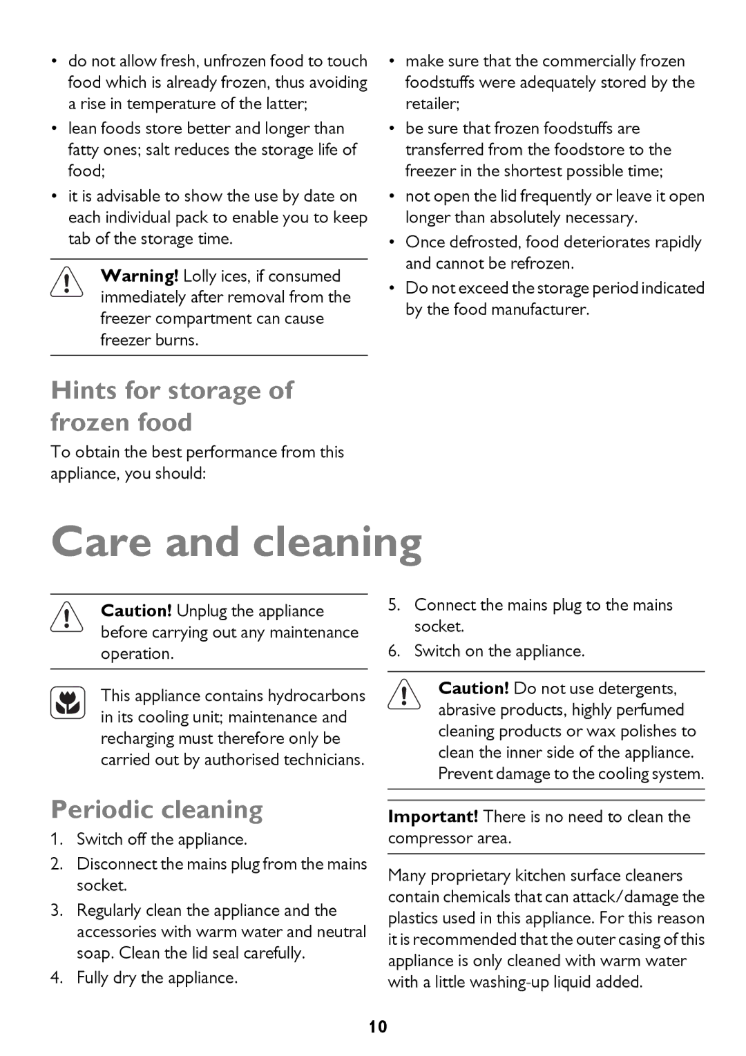 John Lewis JLCH400, JLCH200, JLCH300 Care and cleaning, Hints for storage of frozen food, Periodic cleaning 