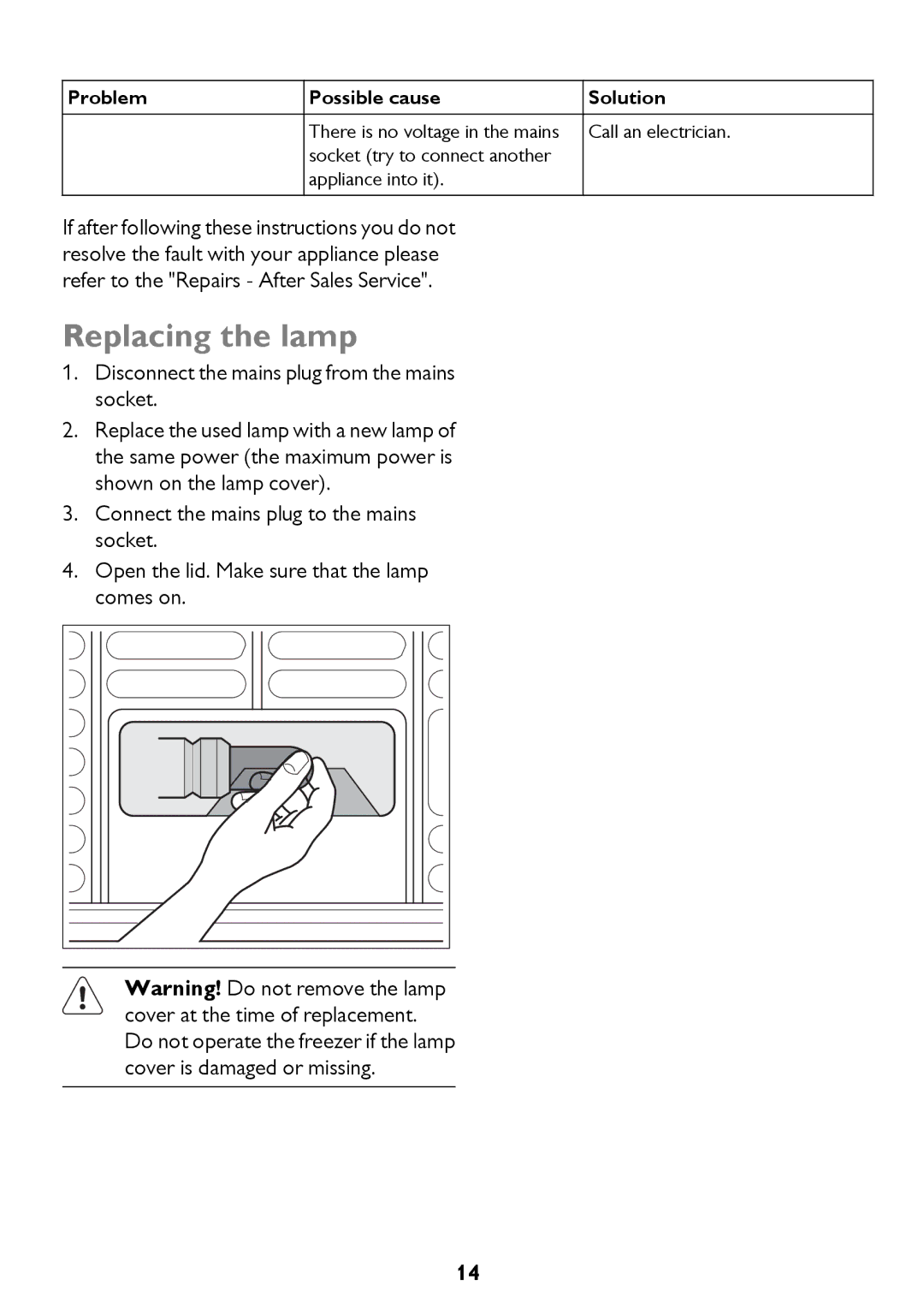 John Lewis JLCH300, JLCH200, JLCH400 instruction manual Replacing the lamp, Problem Possible cause Solution 