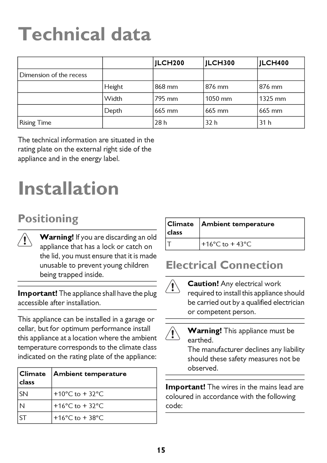 John Lewis JLCH200, JLCH400, JLCH300 instruction manual Technical data, Installation, Positioning, Electrical Connection 