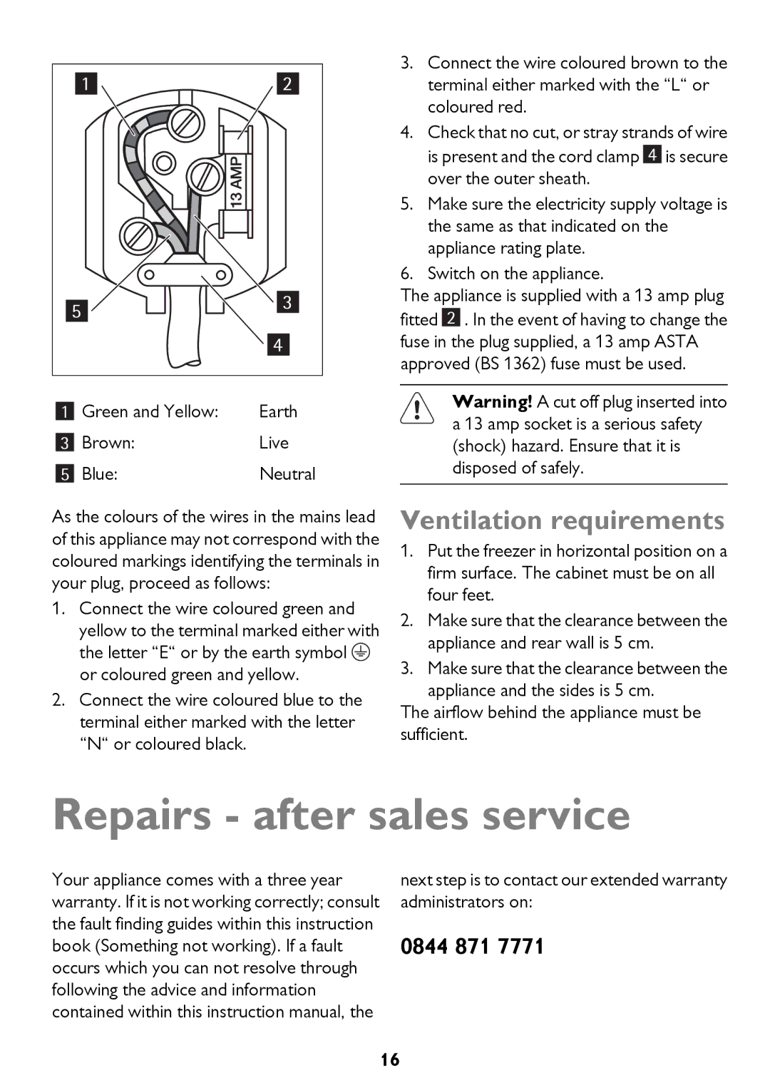 John Lewis JLCH400, JLCH200, JLCH300 instruction manual Repairs after sales service, Ventilation requirements 